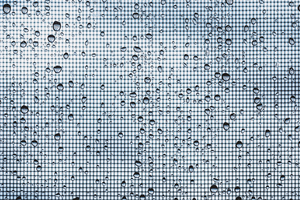 Gotas de agua sobre una mosquitera con el cielo de fondo.